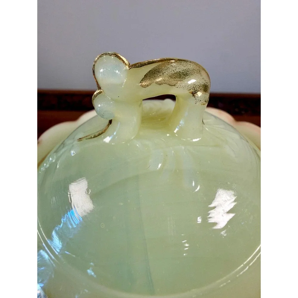 Antique Uranium Heisey Winged Scroll Covered Sugar Bowl